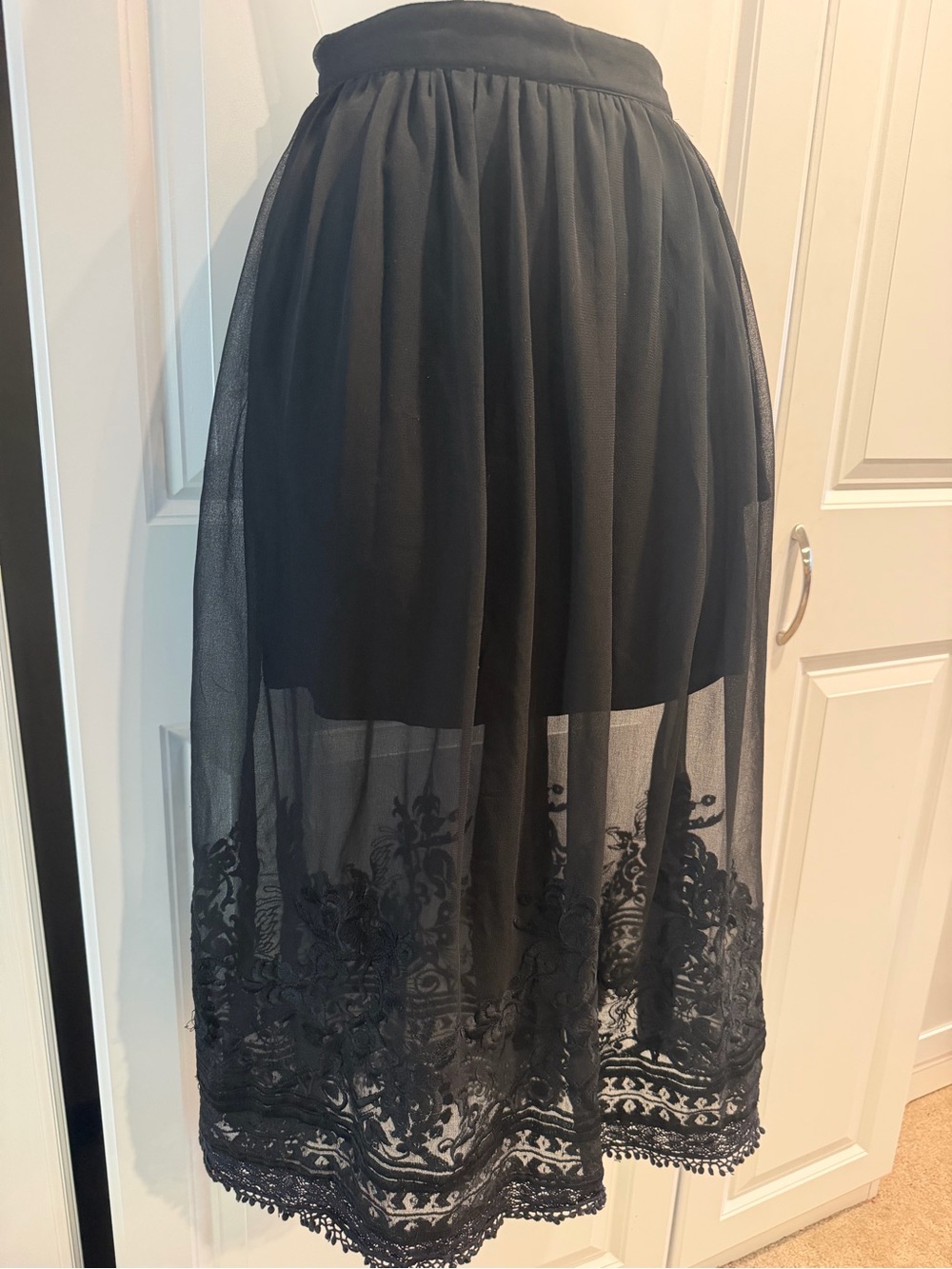 Topshop Whimsygoth Sheer Mesh Midi Skirt embroidered Lace Hem Black
